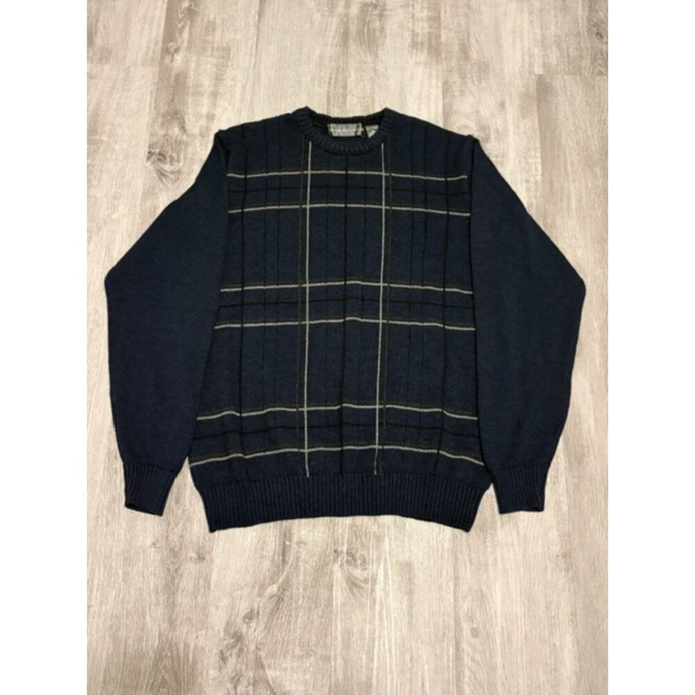 Oscar De La Renta Navy Blue Stripe Sweater Men's XL Crew Neck Long Sleeve